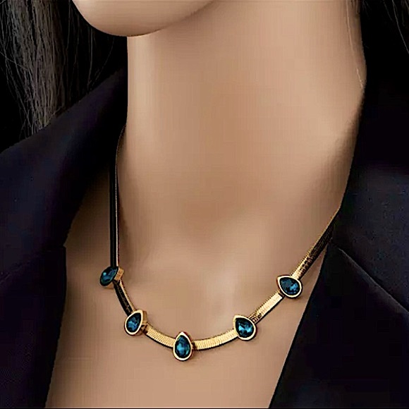 Blue Sapphire Gold Plated Zircon Herringbone Charm Flat Necklace - Picture 1 of 6